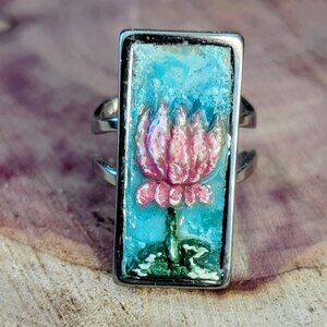 LOTUS FLOWER RING: Handmade jewelry- clay and resin statement ring. Silver-tone.